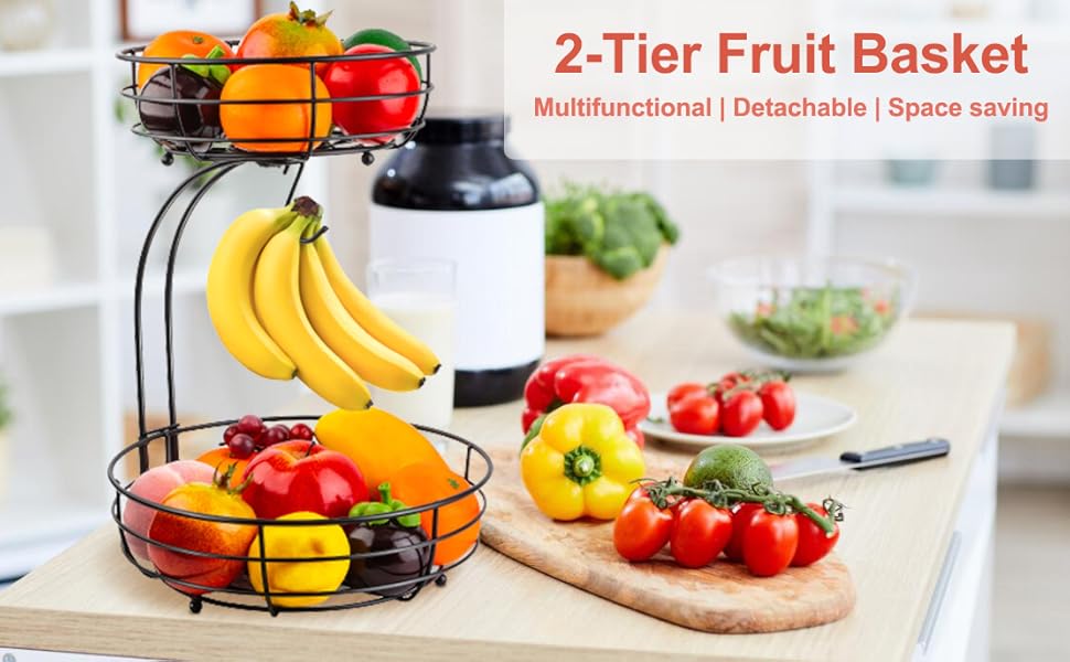 Металева фруктова корзина Stöckig з підставкою для бананів, чорна | Сучасна корзина для кухні