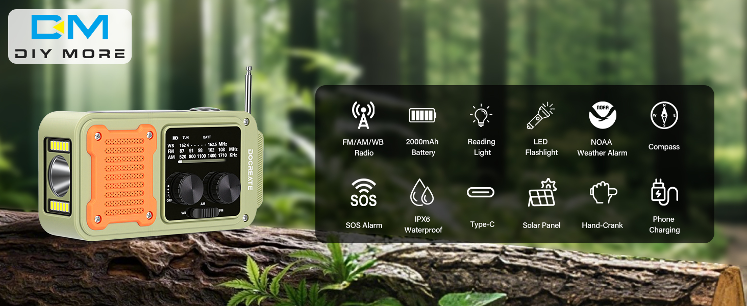 Радіо на механічній ручці Diymore 2000mAh з сонячною панеллю, FM/AM/WB, Power Bank, LED ліхтарик для кемпінгу, SOS сигнал, компас. Радіоприймач для екстрених ситуацій та відпочинку на природі, чорний