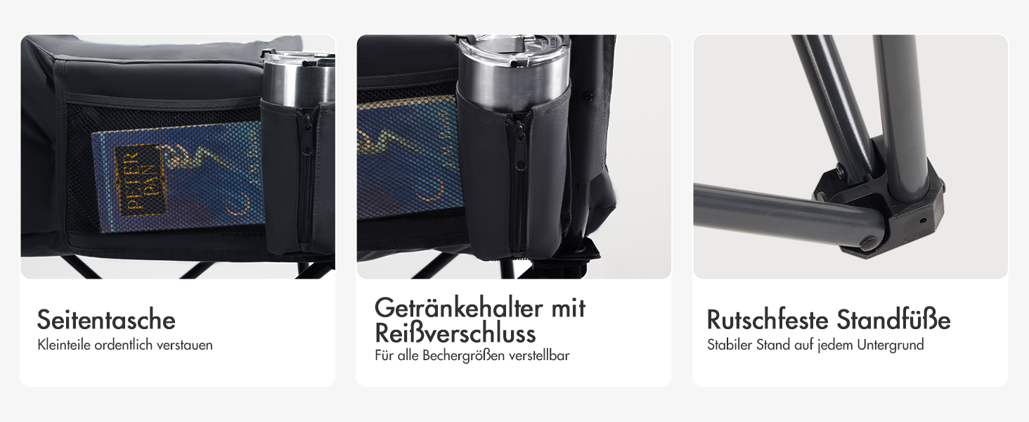 Крісло для кемпінгу складне, XXL, чорне, 150 кг, з підлокітниками, м'яке, для відпочинку на природі