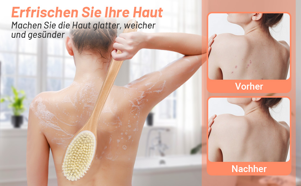 Дерев'яна щітка для спини Alyvisun для душу з довгим руків'ям, двостороння, жорсткі та м'які щетинки, для мокрого та сухого пілінгу тіла