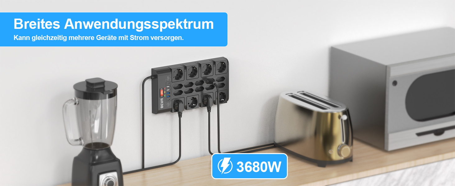 Мережевий фільтр BEVA з 18 розетками, 3680W/16A, захист від перенапруги 2100J, 2 USB-C (15W) + 4 USB-A, з вимикачем, для офісу та дому