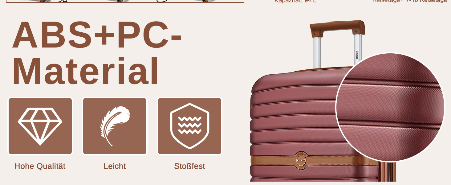 Чемодан KONO 3-в-1: ABS+PC, з коліщатками та кодовим замком (55см, ручна поклажа), червоно-коричневий