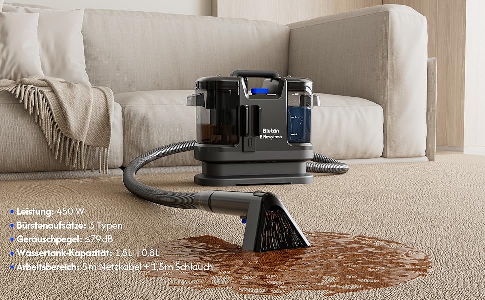 B Flowyfresh - миючий пилосос для диванів, килимів, меблів та авто. Мийний пилосос, 13 kPa, швидке сушіння, великий об'єм резервуару (1.8 л + 0.8 л), самоочищення