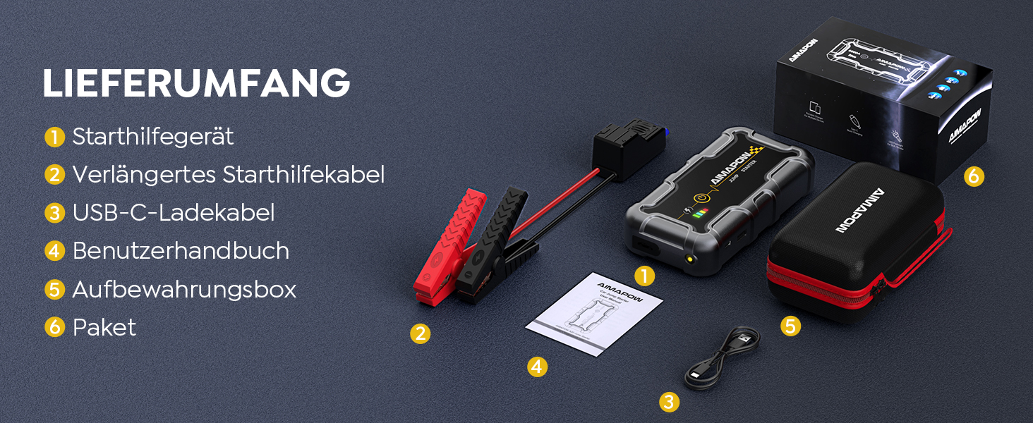 Powerbank для запуску двигуна AIMAPOW Starthilfe 6000A 12V - для бензинових авто, дизельних (10.0L) з LED-ліхтариком та великим екраном, бустер для акумулятора SUV, мотоцикла, газонокосарки