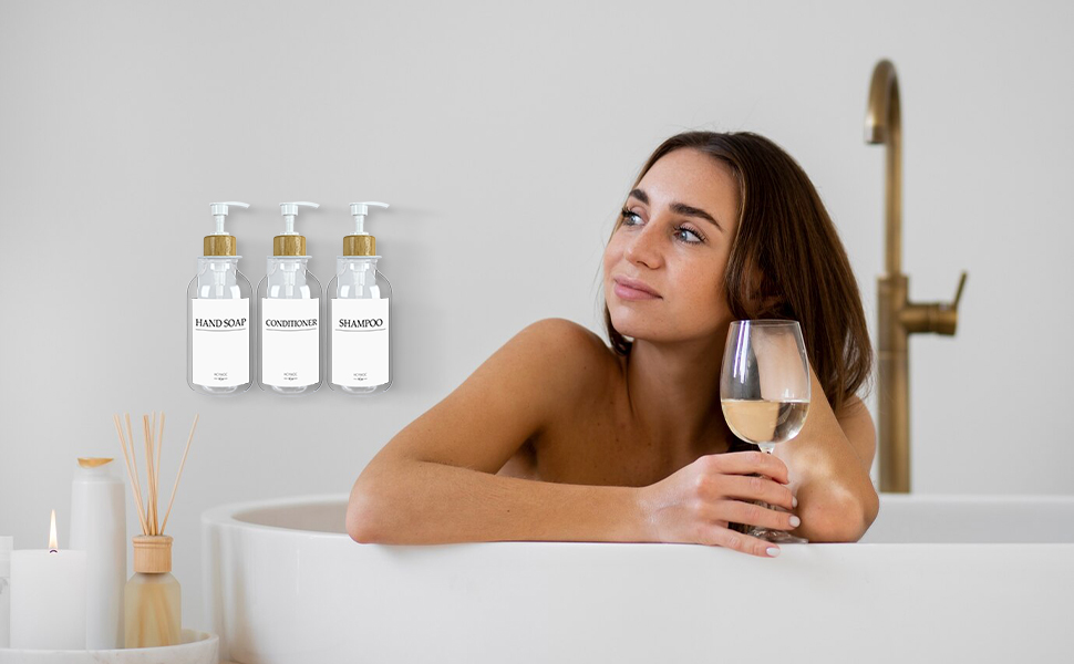 Набір дозаторів для мила, шампуню та миючого засобу на стіну, 500 мл, 3 шт., прозорий + бамбук