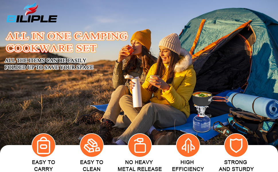 Набір посуду для кемпінгу Biliple 8-piece: каструля, сковорідка, газовa плитка, столові прибори для 1-2 осіб. Ідеально для пікніків, походів та кемпінгу.