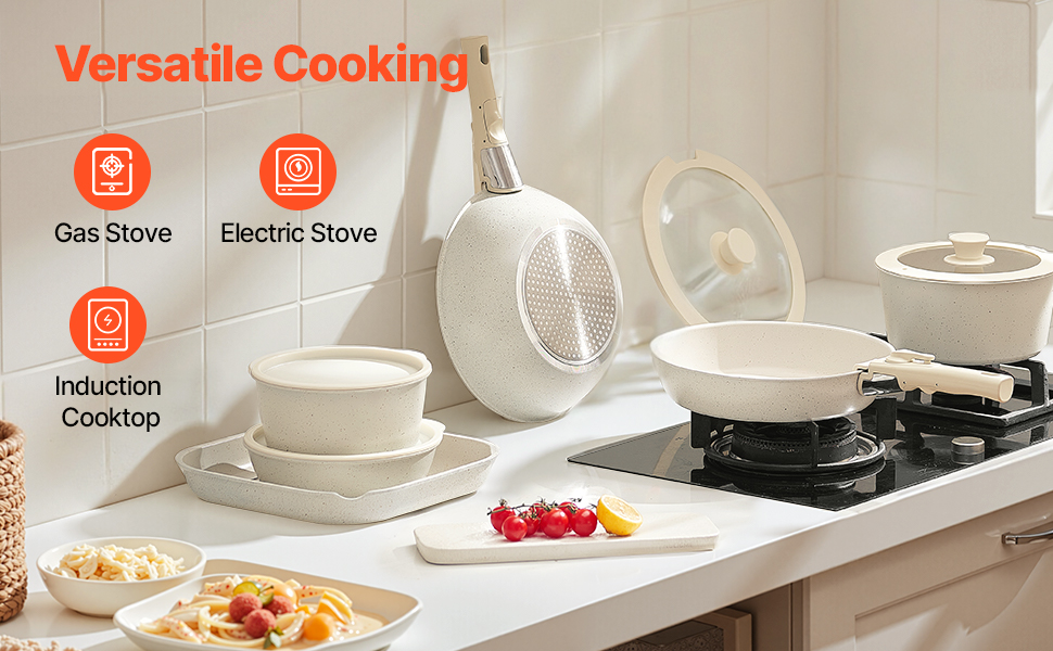 Каструля VEVOR з кришкою з термостійкого скла, антипригарна, індукційна, для кухні кемпера, приготування соусів та смаження (біла, зі знімною ручкою)