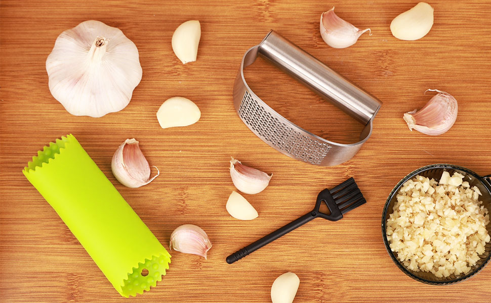 Прес для часнику з нержавіючої сталі 304 з щіткою для чищення та скребком для часнику, Garlic Press