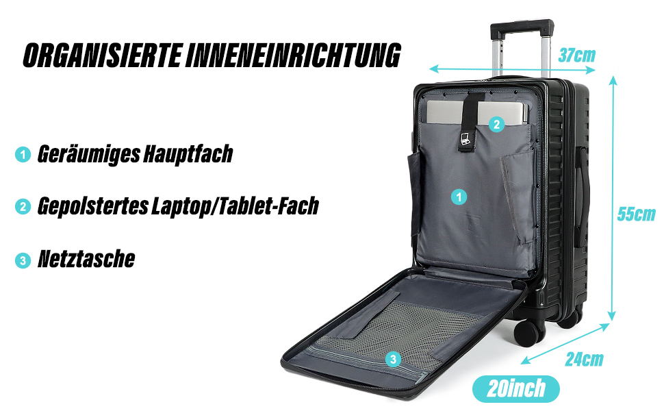 Чемодан ручної поклажі TANTOMI з відділенням для ноутбука, 20 дюймів, жорсткий корпус, легкий ABS-валіз, валіза з 4 колесами на 360°, TSA-замок (світло-темно зелений, 41л)