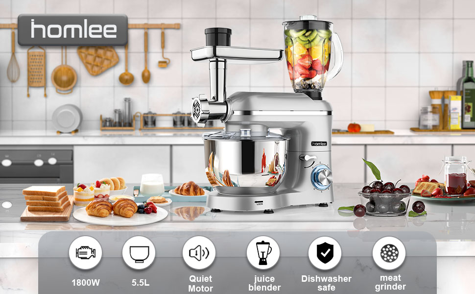 Homlee 3-in-1 Kitchen Machine - 1800W Food Processor with Meat Grinder, Juicer & 5.5L Stainless Steel Bowl - 6 Speed Mixer