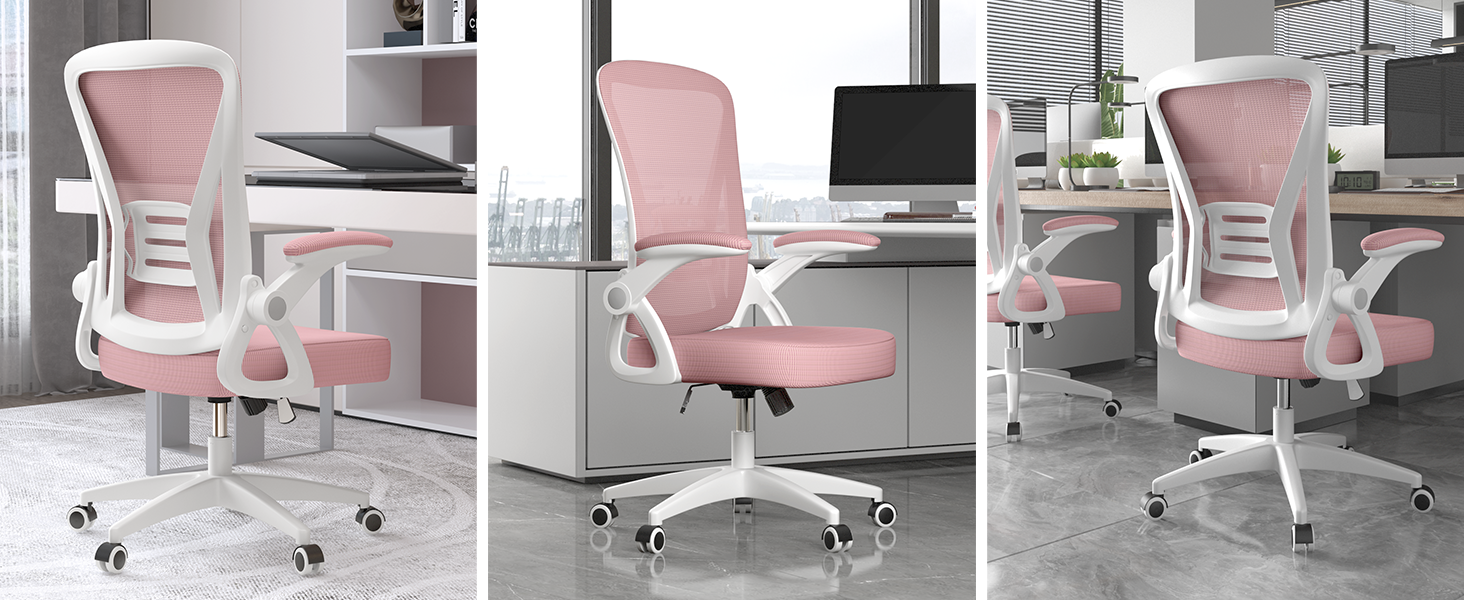 Офісний стілець Rattantree з підтримкою попереку, регульованими підлокітниками, регулюванням висоти, поворотний, рожевий, без підголівника