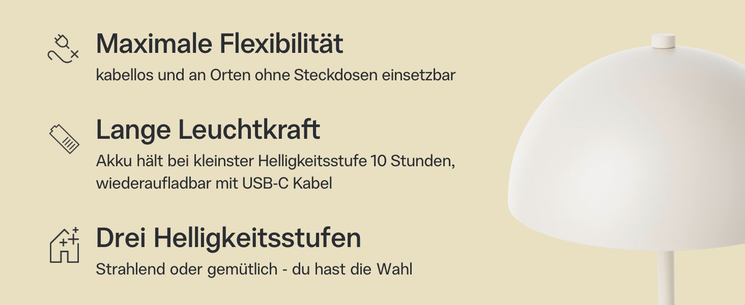 Mokebo® LED настільна лампа бездротова, акумуляторна, з регулюванням яскравості та USB-C, 'The Lighthouse', вінтажна лампа-горщик, грибний світильник та настільна лампа кольору тауп, метал, з батареєю, тепле біле світло, сріблястий колір