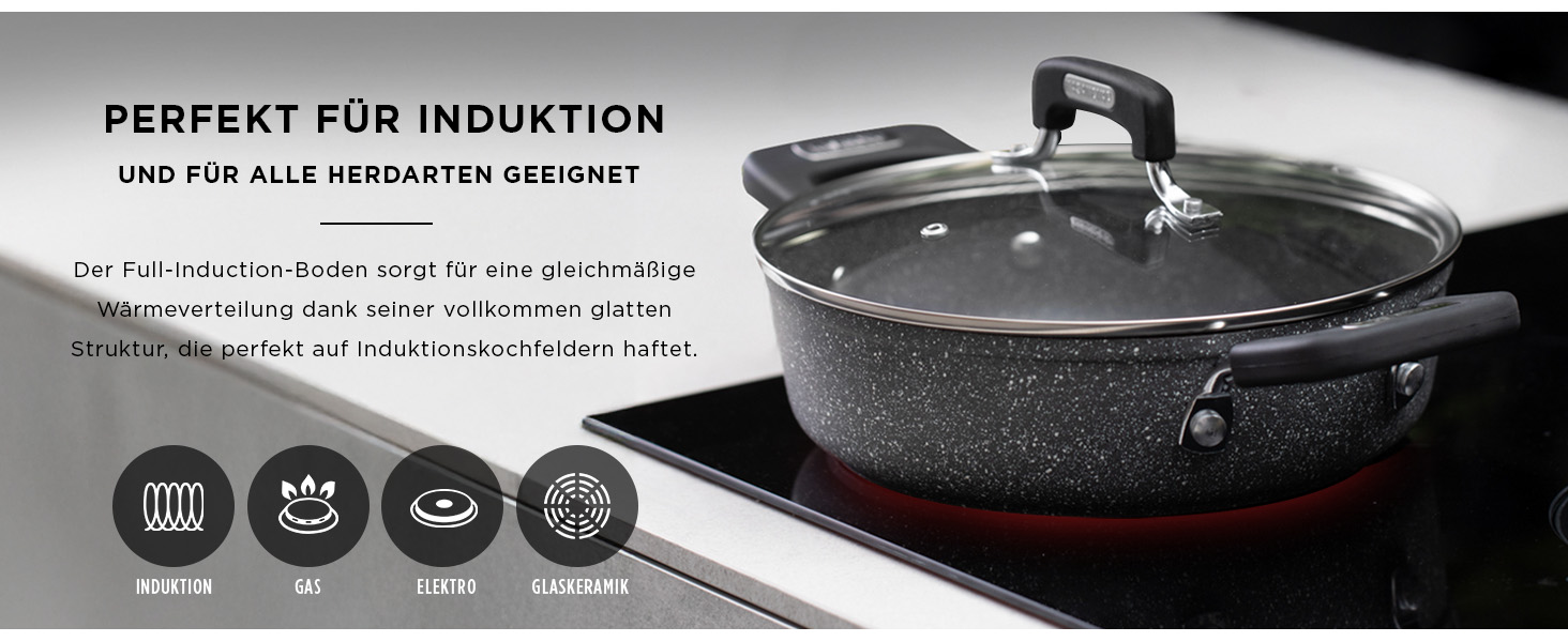 Набір каструль та сковорідок KASANOVA New Petra Dark для індукції та духовки, антипригарне покриття, захист ручок, нержавіюча ложка (6 шт)