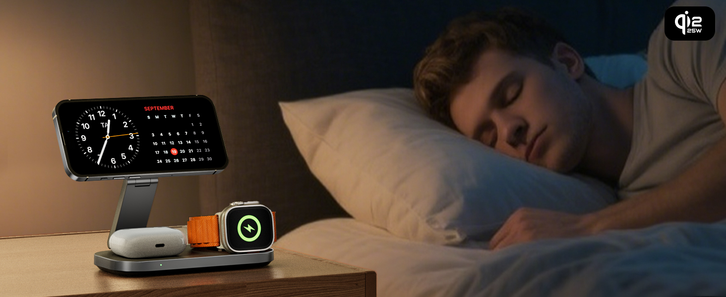 Бездротова зарядка 25W 3-в-1 з MagSafe, складана індуктивна магнітна зарядна станція для iPhone 17/Air/16/15/14/13/12, Apple Watch 10/9/8/7/6/SE/5/4/3 та AirPods Pro (з адаптером 35W), чорна