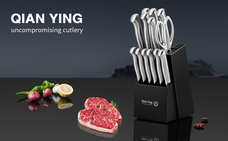 Набір кухонних ножів Qianying з блоком: 14 предметів. Набір ножів з підставкою, точилка, срібний колір. Кухонні ножі, подарунок для мами. Преміум якість.
