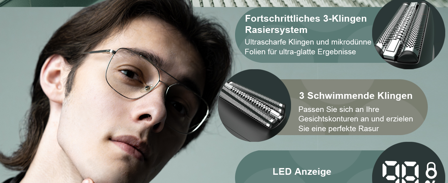 Електричний чоловічий верстат для гоління Dyoonoer з LED-дисплеєм, фольєвий верстат, IPX7 вологостійкий, 3 гнучкі леза, USB-C зарядний пристрій для обличчя та бороди - D/B/71dB