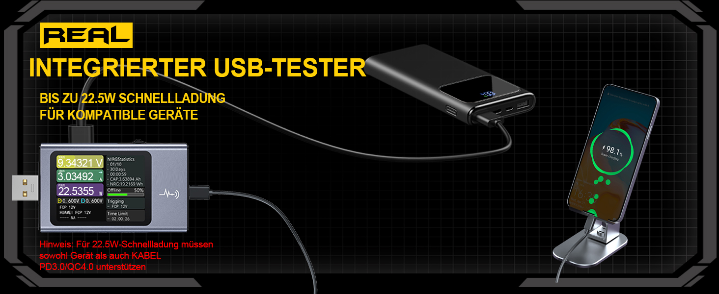 Power Bank 10000mAh з LED-дисплеєм, 22.5W PD3.0/QC4.0, USB-C, чорний