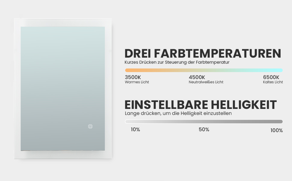 Дзеркало для ванної кімнати з підсвічуванням 70x50 см | LED дзеркало | IP54 вологостійке | Сенсорне управління | Настінне дзеркало | Горизонтальна/Вертикальна установка 6500K холодне біле світло