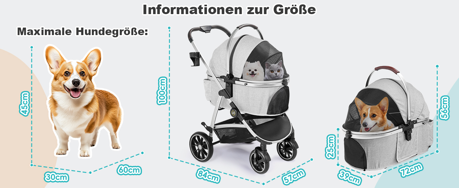 Візок для собак, складаний, до 25 кг, сірий. Алюмінієвий каркас, поворотні колеса, гальма, страхувальний ремінь, м'яке сидіння