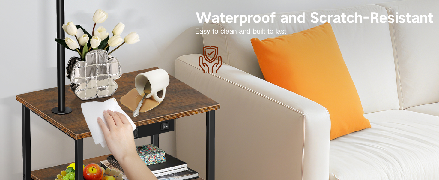 Стельова лампа для вітальні з тумбою та полицею, регульована LED, з пультом, 3 колірні температури, приліжкова тумба з зарядкою та полицею, дерев'яний столик для спальні/офісу (чорний з шухлядами)