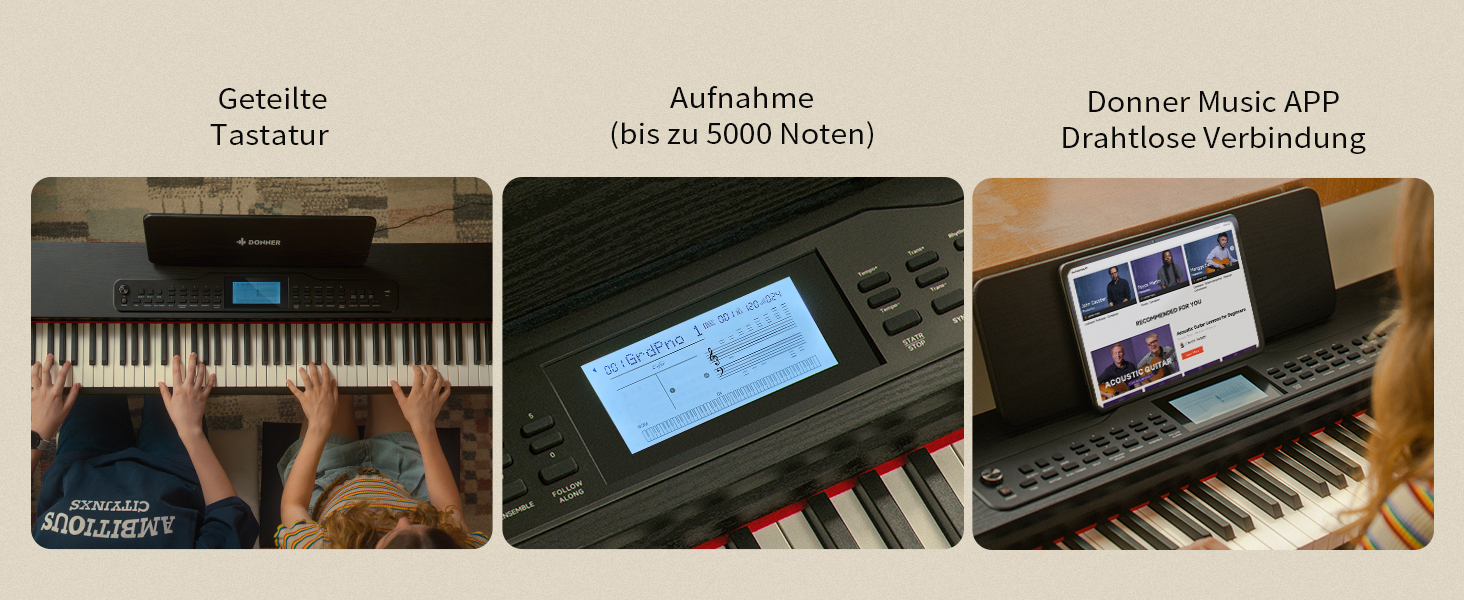 Цифрове піаніно Donner DDP-95 для початківців з 88 важними клавішами, підключення Bluetooth, LCD дисплеєм 11*5 см, 610 тембрів, 600 ритмів, 3 навчальні режими, чорний колір