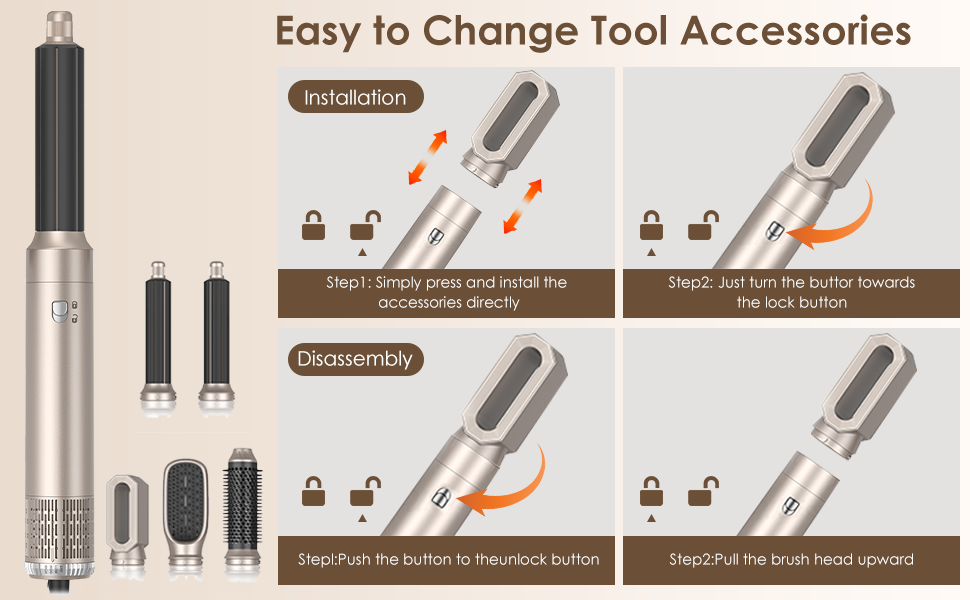 Набір для укладки волосся Airstyler Set: професійний фен-щітка 1000W, 5 насадок, автоматична завивка, випрямлення, об'єм, мультистайл, колір шампань