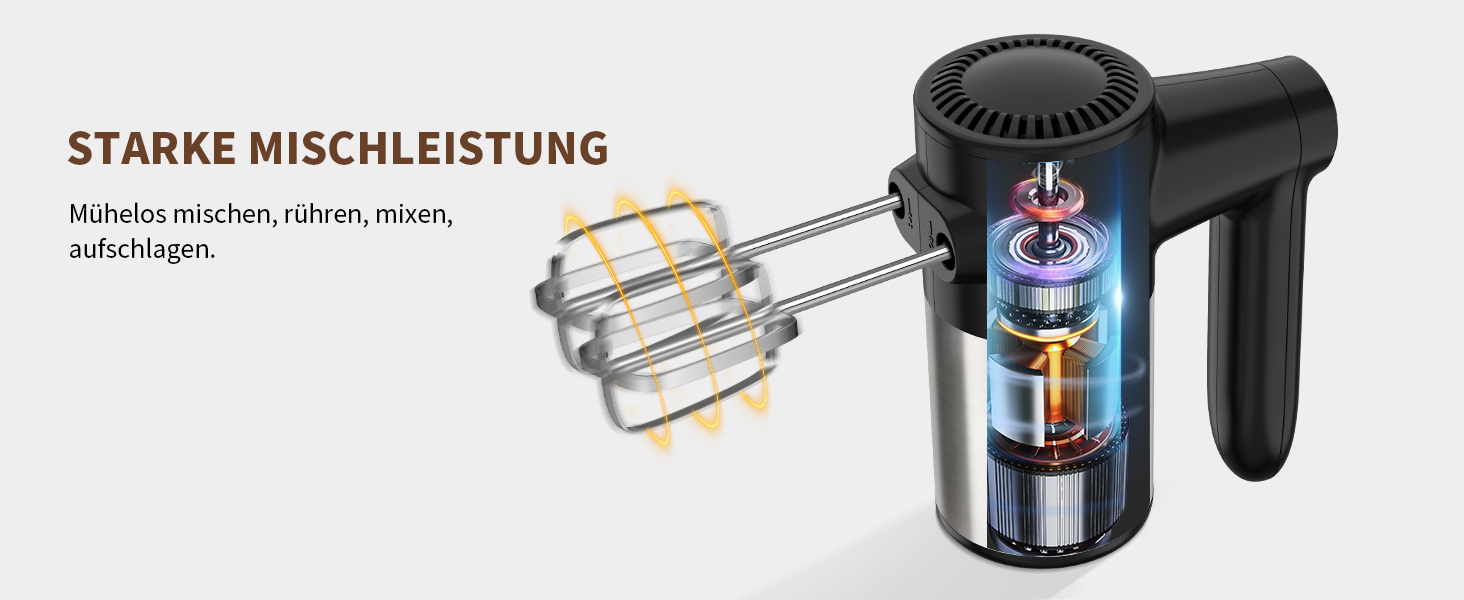 Бездротовий міксер з цифровим дисплеєм, 7 швидкостей, акумуляторний, з 6 насадками з нержавіючої сталі (міксер, вінчик, гачок для тіста) та підставкою для зберігання