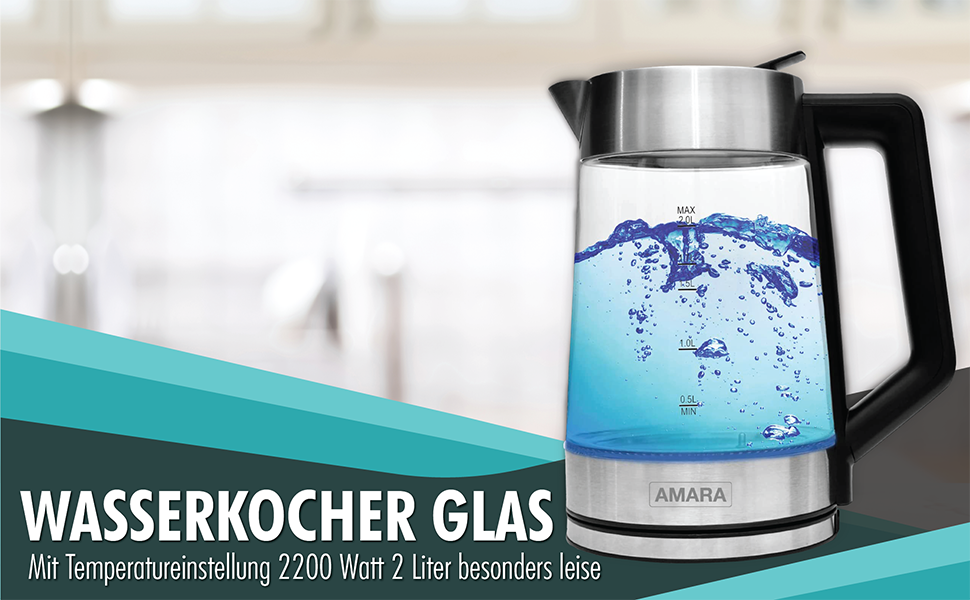 Електричний чайник AMARA з регулюванням температури, 2200 Вт, 2 л, тихий, 50-100°C, EASY-FILL, LED-індикатор температури