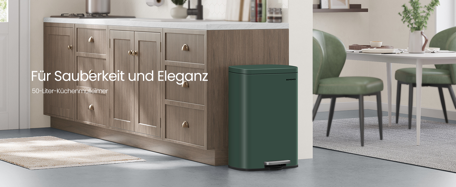 Відро для сміття SONGMICS 50 л, з педальним механізмом, сталеве, з м'яким закриттям, для кухні (Vintage Green)
