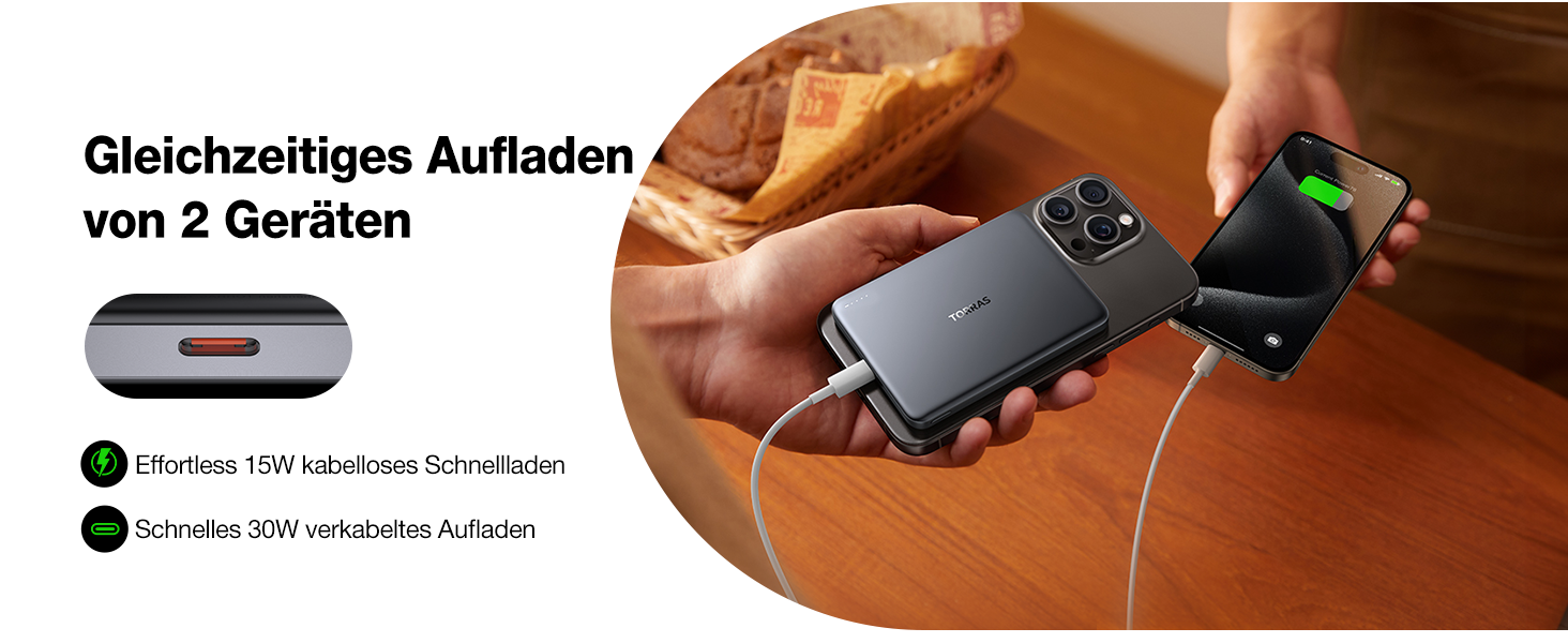 Портативний зарядний пристрій TORRAS MiniMag Qi2 з MagSafe, 10000mAh, сертифікований Qi2, магнітний, з кабелем USB-C 30W, бездротовий зарядний пристрій 15W для iPhone 17 Pro Max/Air/12-16, AirPods, сірий, титан