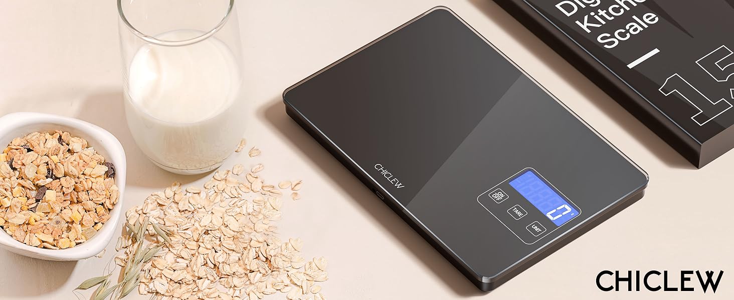 Електронна кухонна вага CHICLEW 15 кг з LCD дисплеєм, 5 одиниць вимірювання, скло, чорний