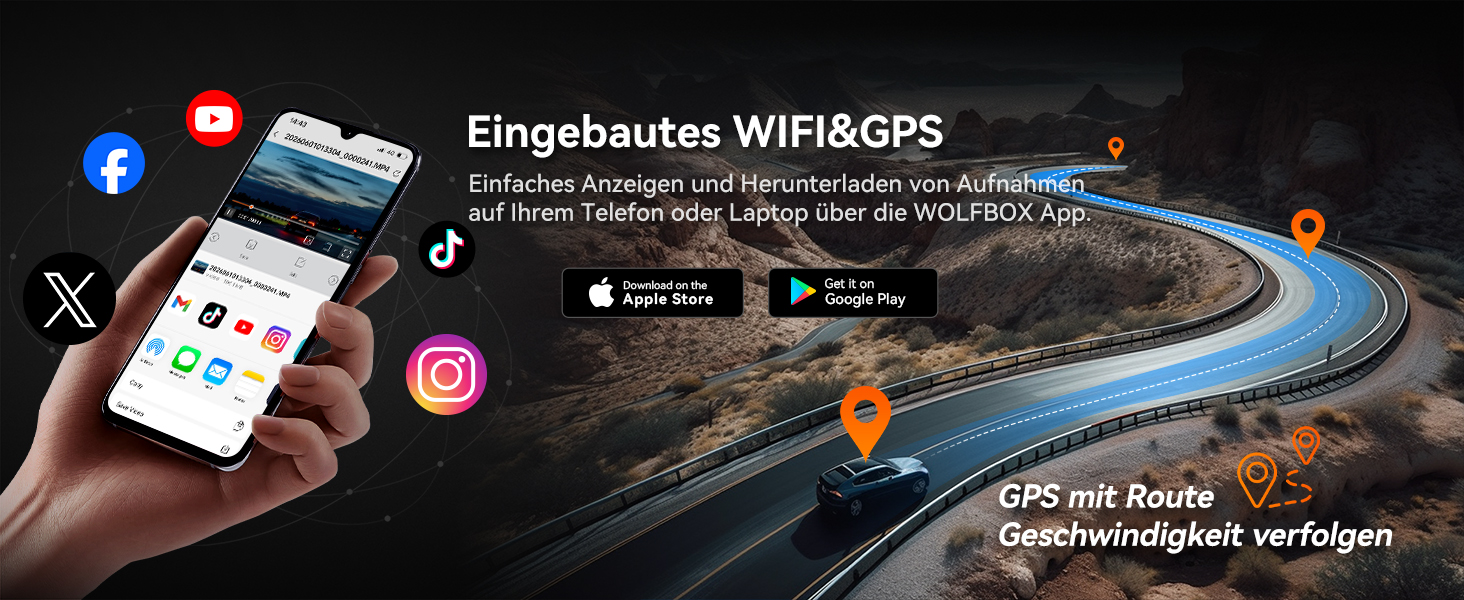 3-канальний автомобільний відеореєстратор WOLFBOX i07 4K з WiFi, GPS, 3