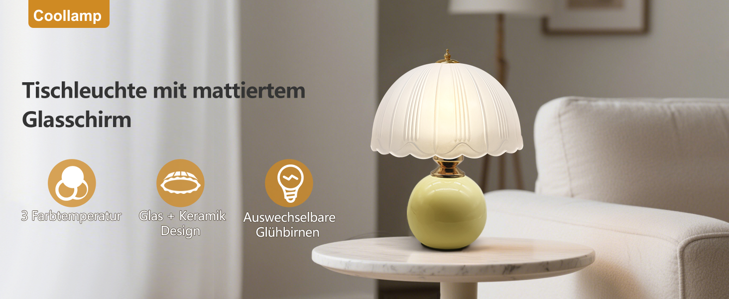 LED настільна лампа, невеликий скляний світильник з 3 режимами кольору, вінтажний приліжний світильник для вітальні та спальні