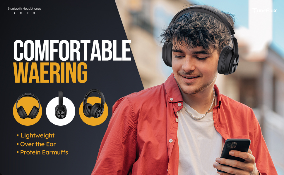 Bluetooth навушники TuneFlux Over Ear: 80 годин роботи, 3 режими EQ, HiFi Stereo, мікрофон, чорний