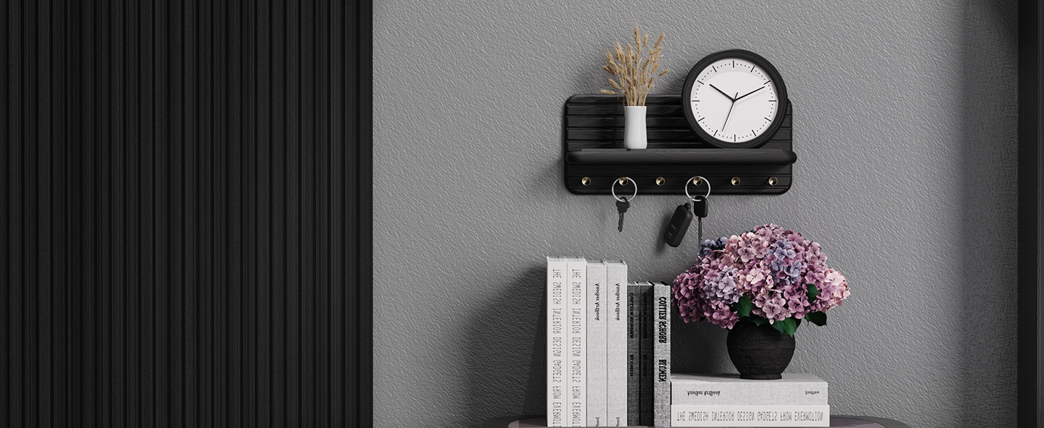 Дерев'яне ключниця з полицею та 6 гачками, ключниця на стіну для прихожей, кухні (чорний)