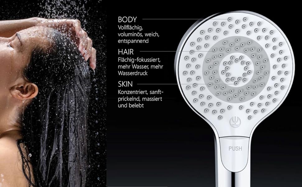 Універсальна душова лійка KLUDI-X3 з шлангом, 3 режими струменя (Body, Hair, Skin), водозберігаюча, легке очищення, Ø11,7 см, шланг 1,6 м