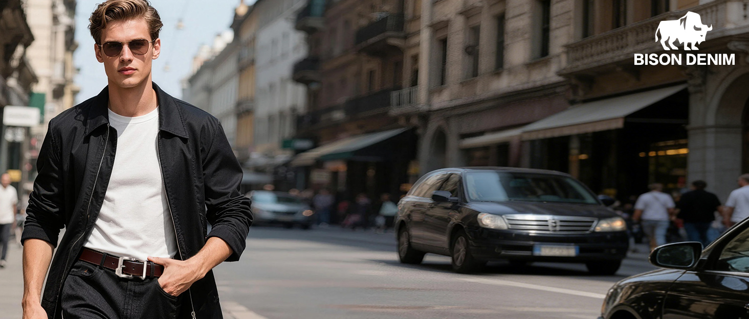 Чоловічий шкіряний ремінь BISON DENIM для джинсів та бізнес-стилю, ретро-дизайн, ширина 38 мм, довжина 130 см, чорний (W71694-2bm-black)