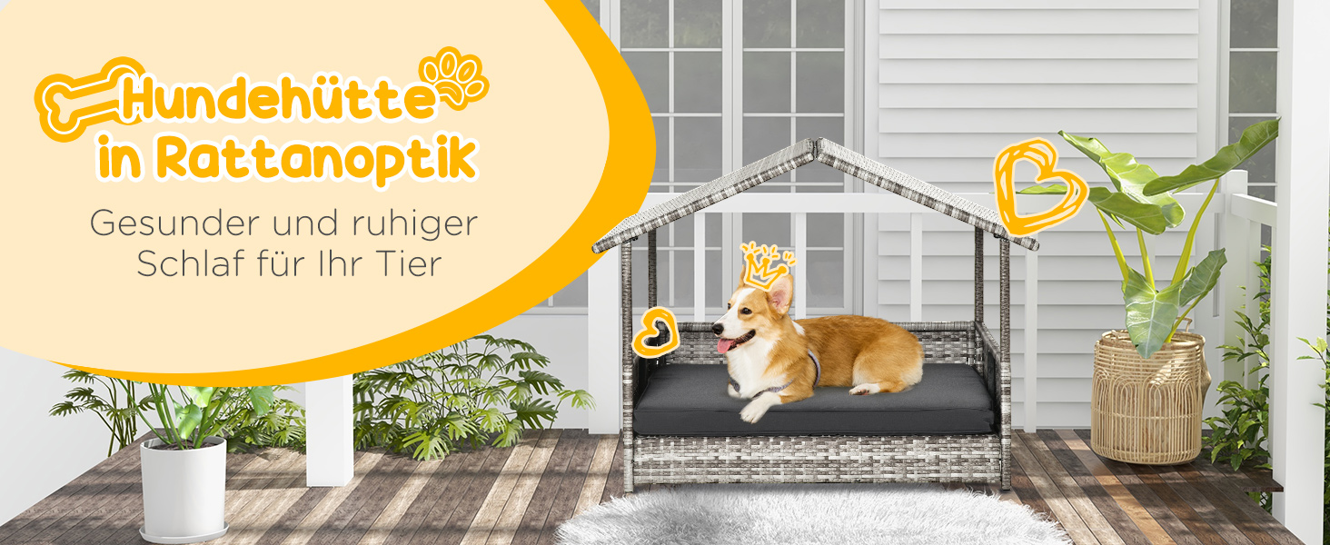 Лежанка для собак PawHut з дахом, ротанг, для вулиці, 69 x 98 x 70 см (Сірий)