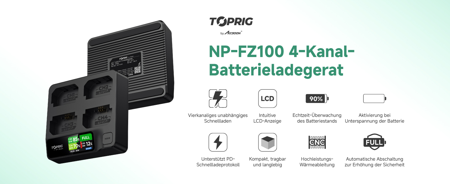 Зарядний пристрій Toprig BC02 для акумуляторів Sony NP-FZ100 з USB-C PD 60W, LCD-дисплеєм та моніторингом заряду в реальному часі