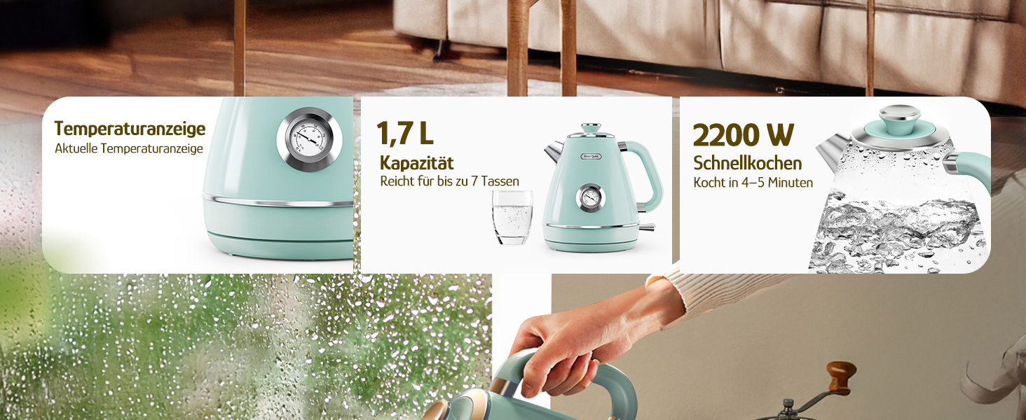 Електричний чайник Hazel Quinn Retro з термометром, з нержавіючої сталі, без пластику, 1.7 л, 2200 Вт, автоматичне відключення, вінтажний дизайн (М'ятно-зелений)