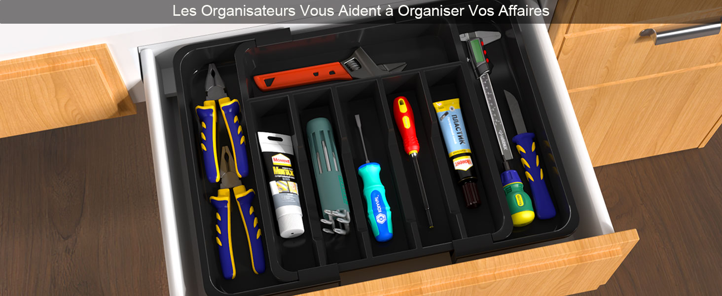 Органайзер для столових приборів в шухляду 40 см, чорний, пластиковий, з регульованими перегородками (6-8 відділень)