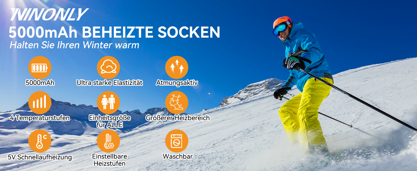 Гріючі шкарпетки для жінок та чоловіків Ninonly з 4 рівнями нагріву, акумулятор 5000mAh, для катання на лижах, піших прогулянок, кемпінгу та зимових активностей
