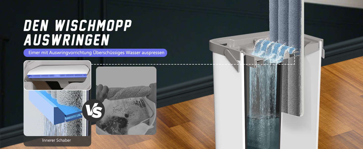 Набір для миття підлоги з відром, Masthome - компактний моп та відро з віджиманням, 3 мікрофібрових насадок та нержавіюча ручка, 2 в 1, для дерев'яних, плиточних та мармурових підлог (білий)