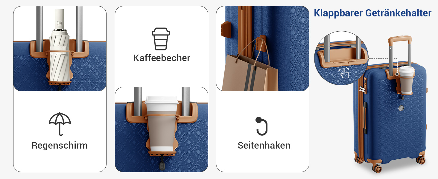 Чемодан KONO великий з підсклянником, жорсткий, легкий, з поліпропілену, розширюваний, з 4 колесами та TSA замком, чорний/коричневий (темно-синій/коричневий, M)