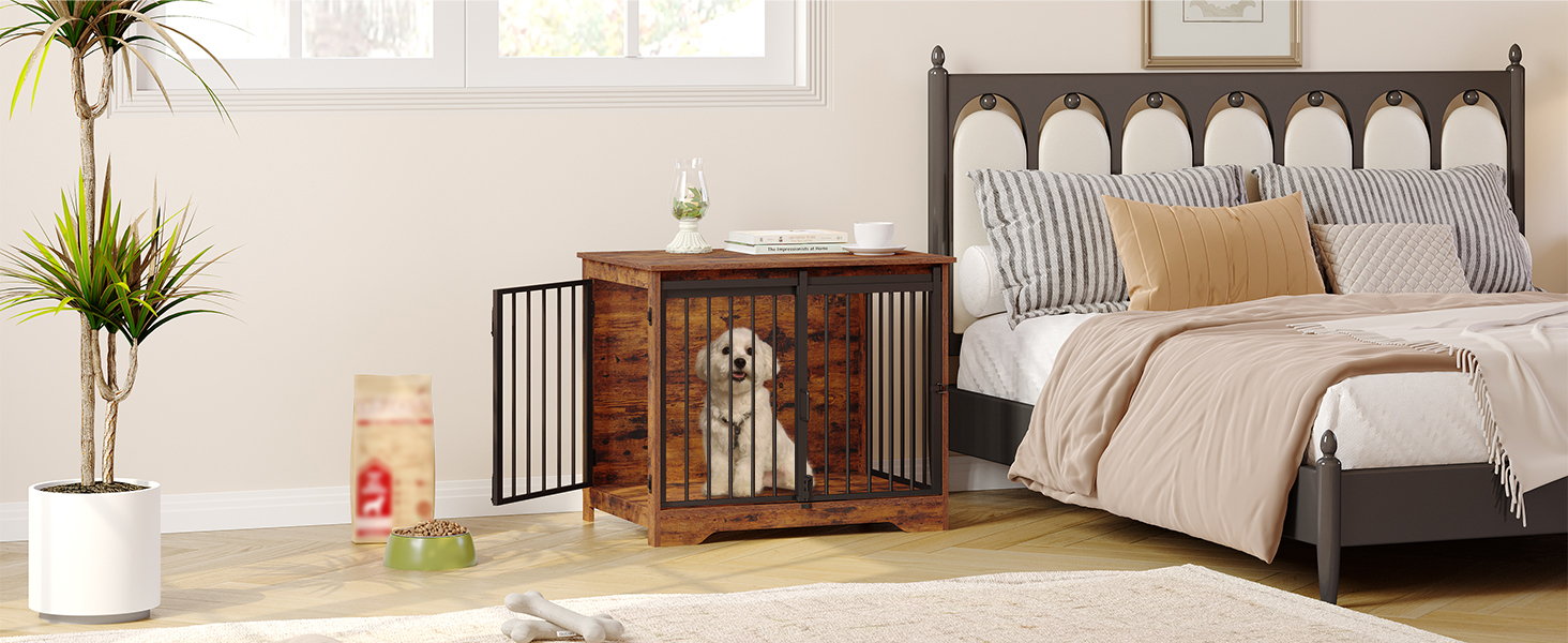 Hzuaneri Modern Wooden Dog Crate Furniture - Indoor Dog Box with Sliding Doors for Small/Medium Dogs - 81cm Height, 55x81x67.5cm, Vintage Brown DFC83601B