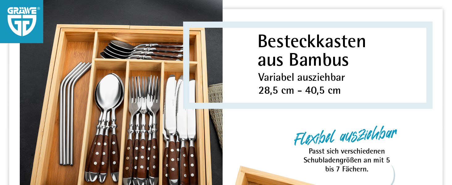 Органайзер для столових приборів Gräwe з бамбука для кухонних шухляд, змінний, розсувний (36.5-56.5 см)