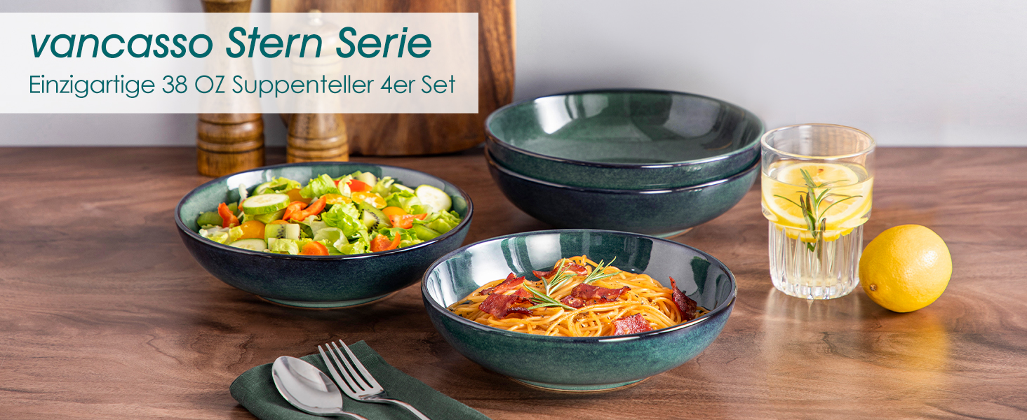 Набір тарілок для супу Vancasso Bonbon (6 шт.), супові миски з кераміки, 21,7 x 5,5 см, великі глибокі тарілки для пасти, локшини, рамен, салату, придатні для миття в посудомийній машині та використання в мікрохвильовій печі (зелені)