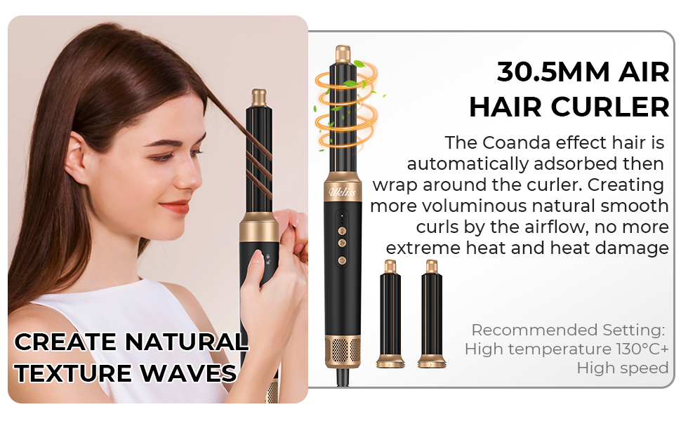 UKLISS Airstyler Multistyler 7 в 1: фен-щітка, локон, випрямляч, турбіна, 1400W, турбіна, 3 режими температури, 30 мм, турбіс