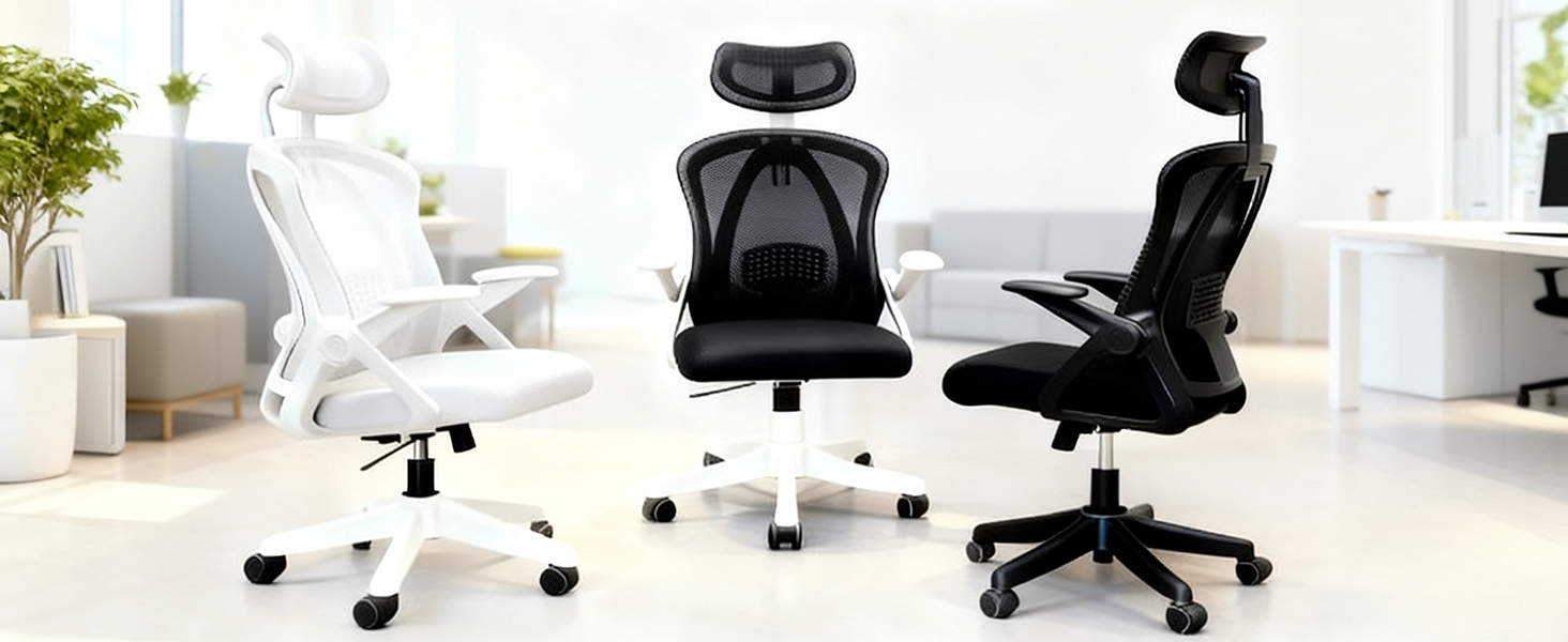 Ергономічне крісло для офісу: регульовані підлокітники, 3D-підголовник та поперекова підтримка, функція гойдання та нахилу (білий та чорний)
