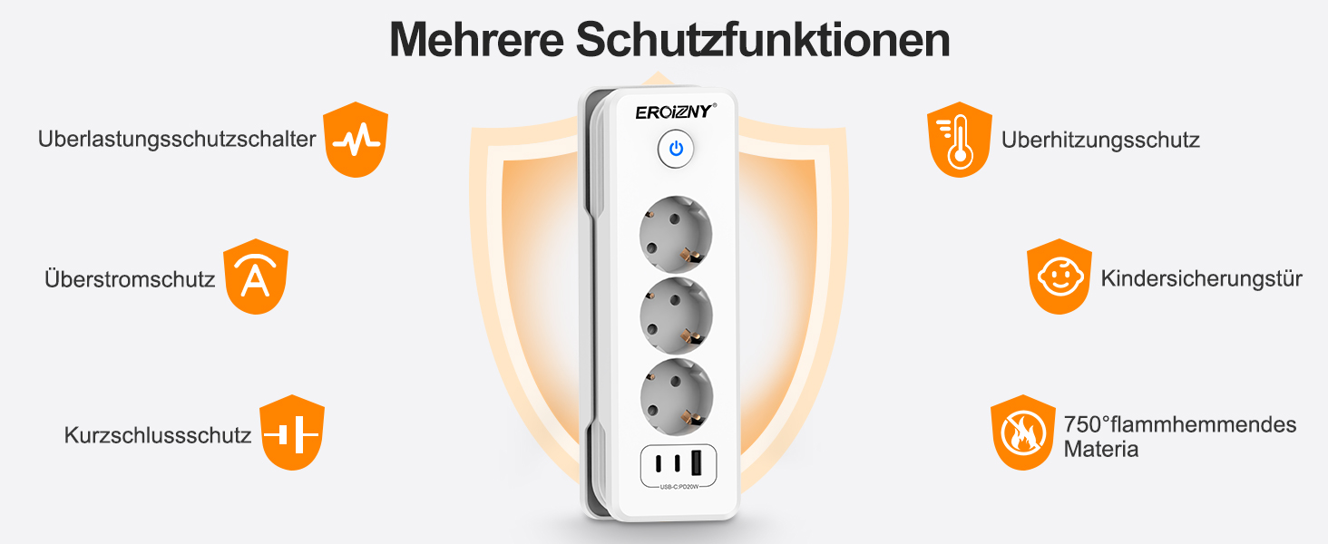 Мережевий адаптер з 2 USB-C (PD 20W) та 1 USB-A, 3 розетки з вимикачем, захист від перенапруги, компактний, для подорожей, 1,5м кабель. Мережева планка з 3 USB-портами